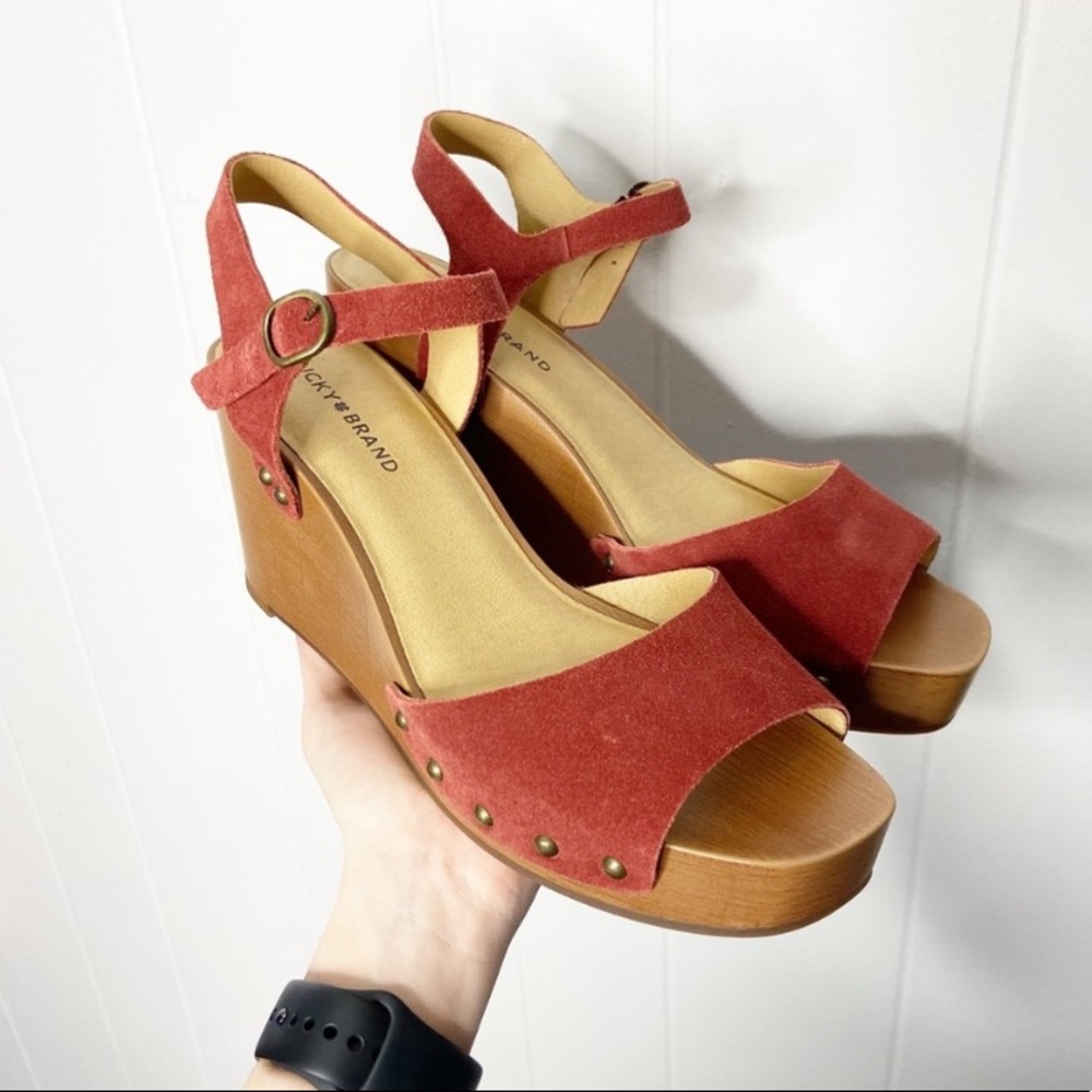 NEW Lucky Brand Zashti Leather Wedges Red Bronze Studded Boho - Women’s size 9.5